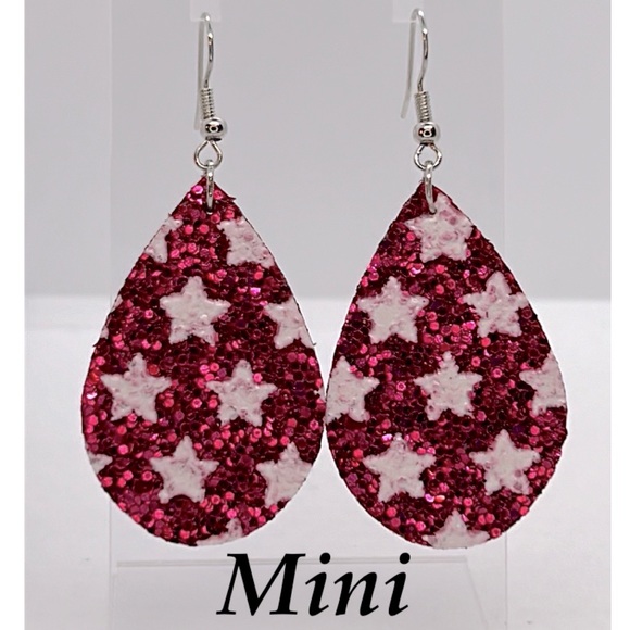 Jewelry - Mini Faux Leather Teardrop Earrings Dark Pink White Stars